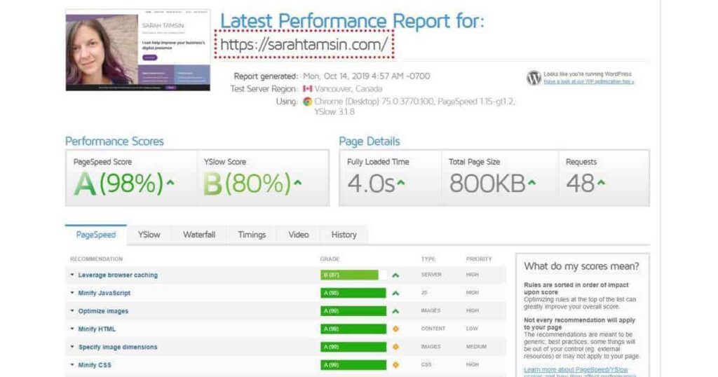 GT Metrix screenshot for SarahTamsin.com - 98% PageSpeed 80% Y Slow score