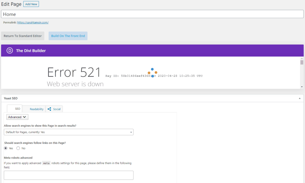 Cloudflare 521 in WordPress dashboard using the Divi Builder