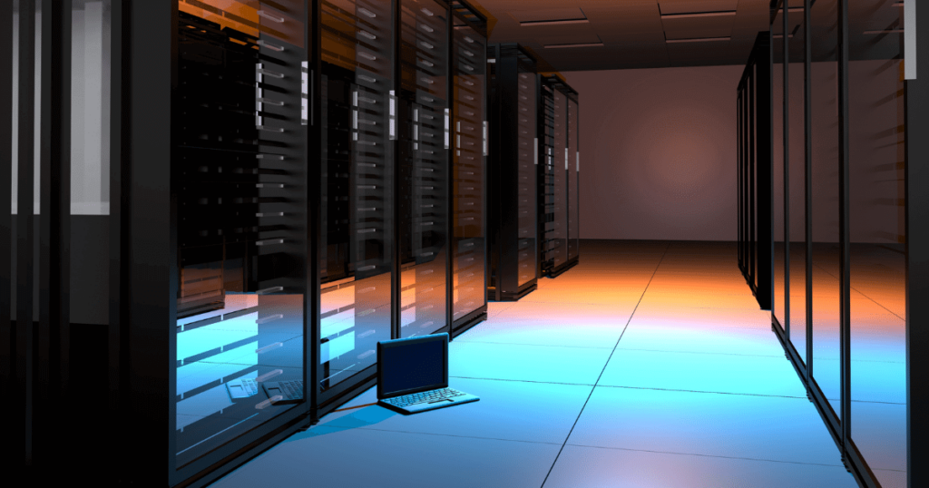 Web Hosting Mistakes - a server room with colourful light shining on the floor