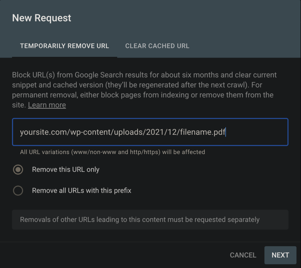 Google Search Console URL Removal Request for a specific PDF file