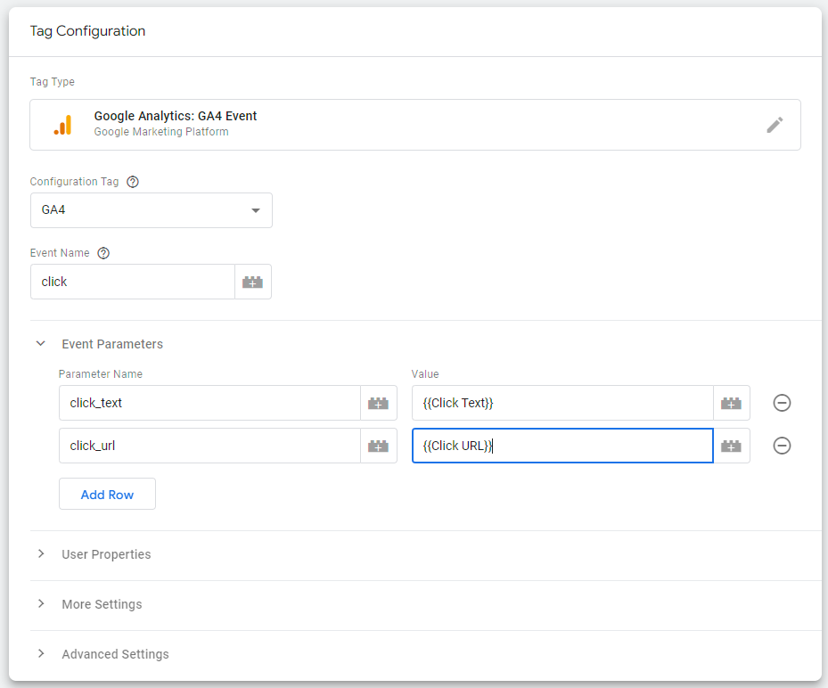 Tag Configuration in Google Tag Manager for the click event