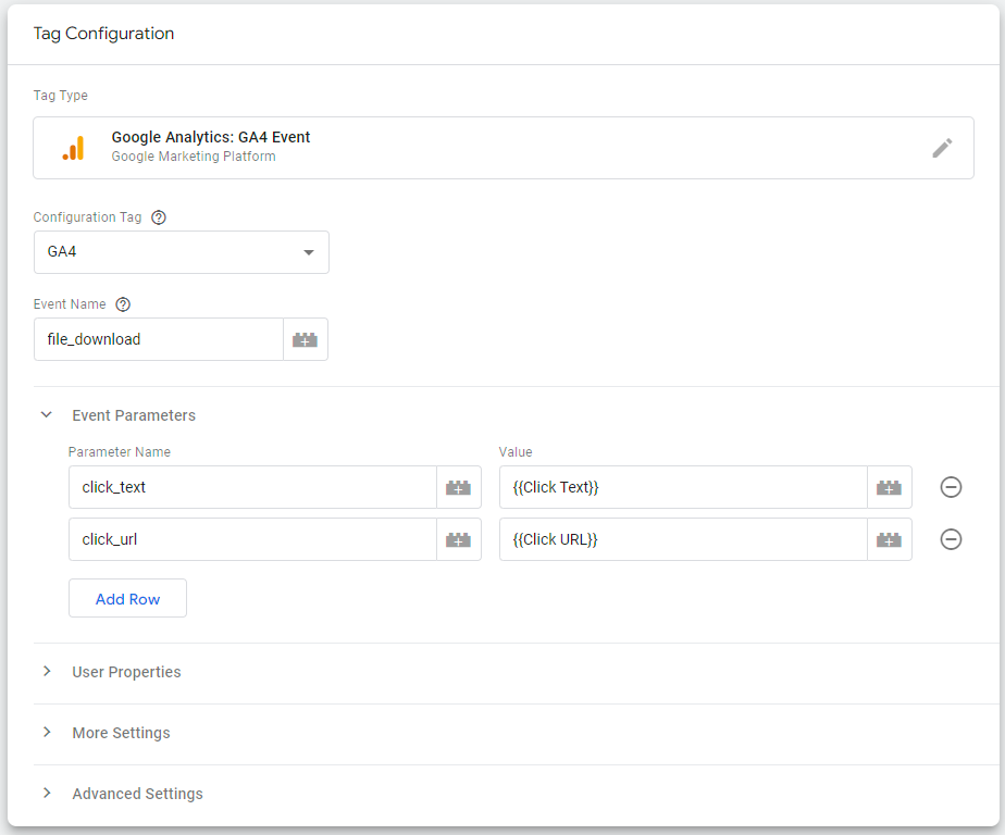 Tag Configuration in Google Tag Manager for the file_download event