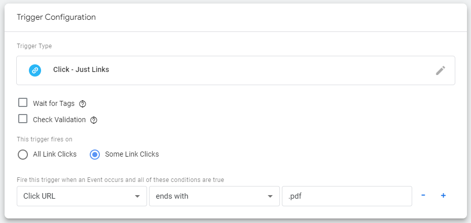 Trigger configuration in Google Tag Manager for Click URLs to track file downloads
