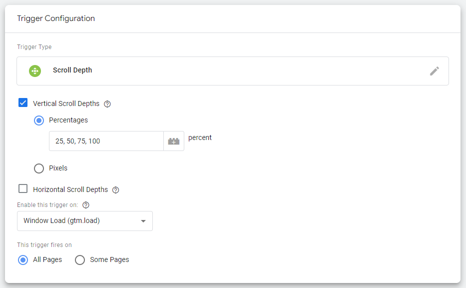 Scroll depth percentage trigger configuration in Google Tag Manager